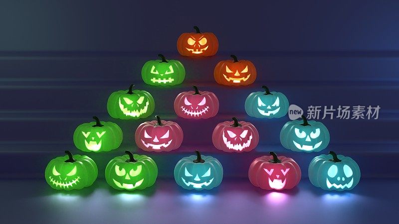 Coloırful Halloween carved pumpkins sit in different poses on the stairs against a black background